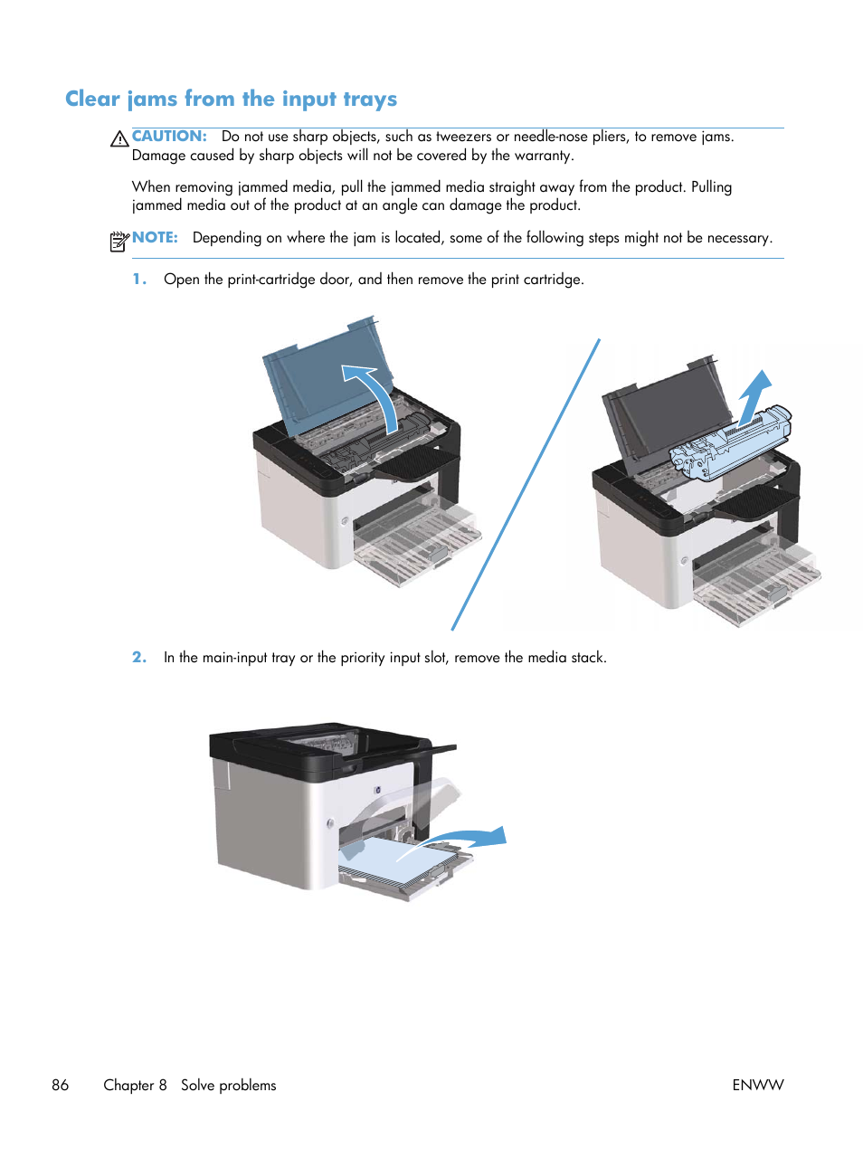 Clear jams from the input trays | HP Laserjet p1606dn User Manual | Page 98 / 152