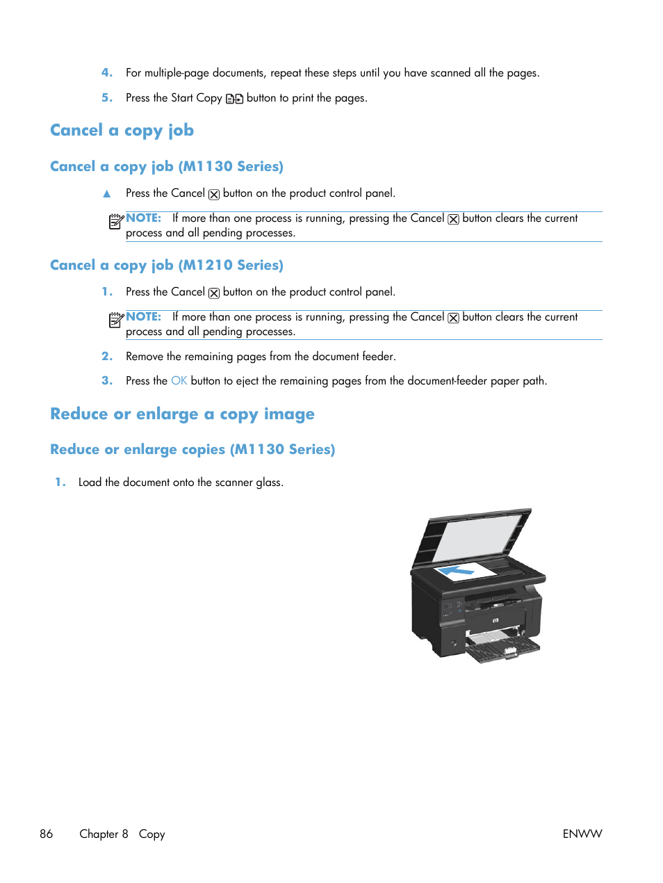 Cancel a copy job, Cancel a copy job (m1130 series), Cancel a copy job (m1210 series) | Reduce or enlarge a copy image, Reduce or enlarge copies (m1130 series), Cancel a copy job reduce or enlarge a copy image | HP laserjet m1212nf User Manual | Page 100 / 284