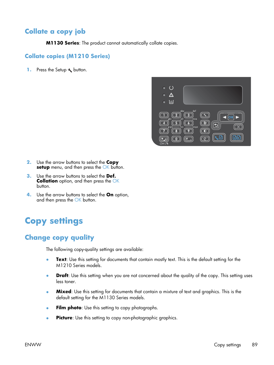 Collate a copy job, Collate copies (m1210 series), Copy settings | Change copy quality | HP laserjet m1212nf User Manual | Page 103 / 284