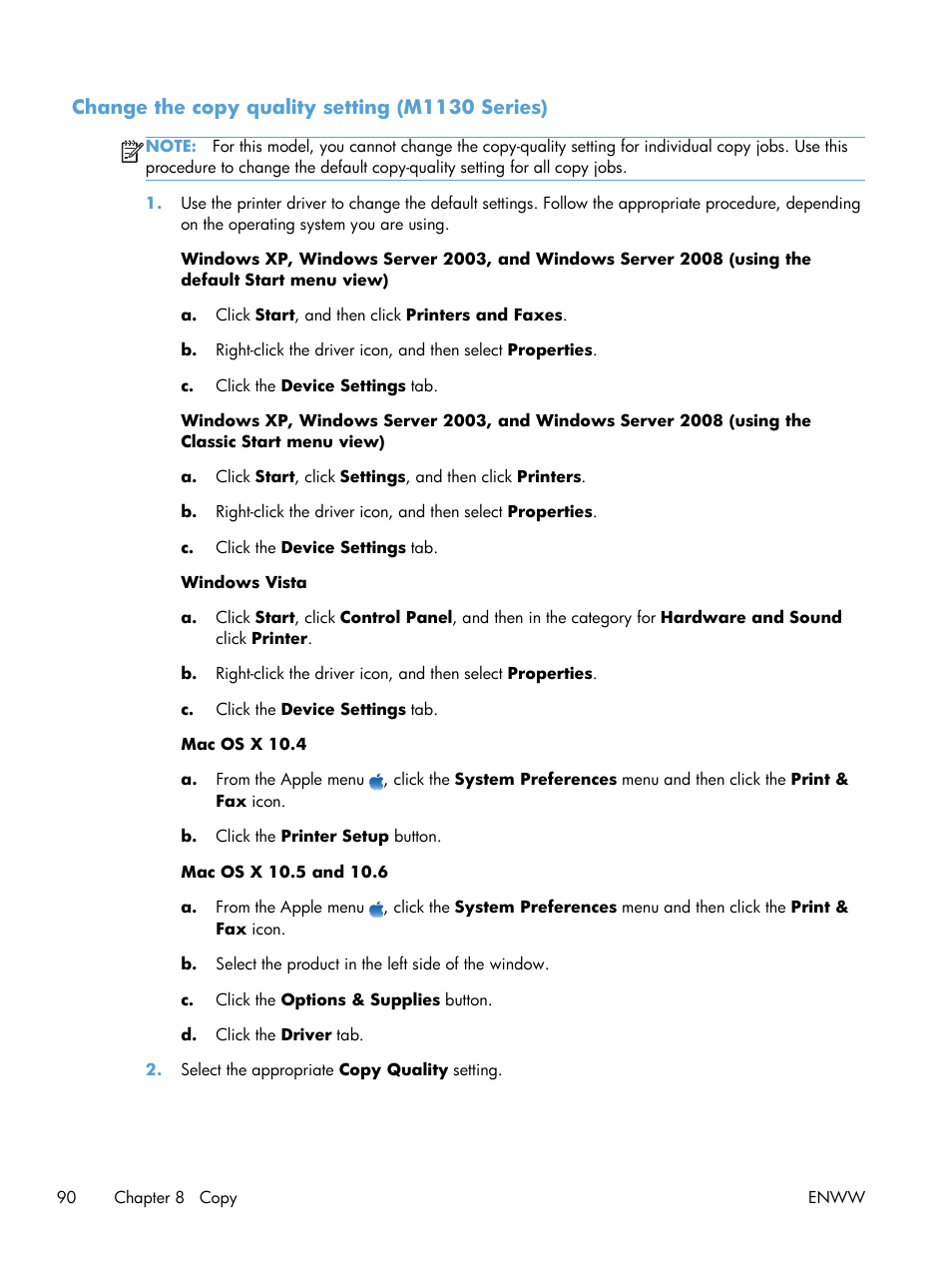 Change the copy quality setting (m1130 series) | HP laserjet m1212nf User Manual | Page 104 / 284