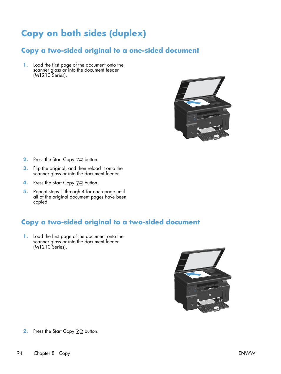 Copy on both sides (duplex), Copy a two-sided original to a one-sided document, Copy a two-sided original to a two-sided document | HP laserjet m1212nf User Manual | Page 108 / 284