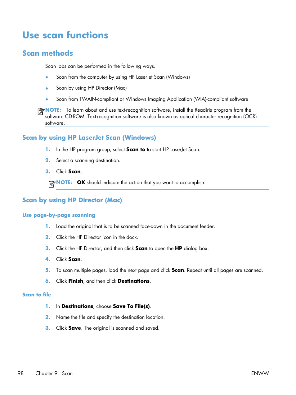 Use scan functions, Scan methods, Scan by using hp laserjet scan (windows) | Scan by using hp director (mac) | HP laserjet m1212nf User Manual | Page 112 / 284