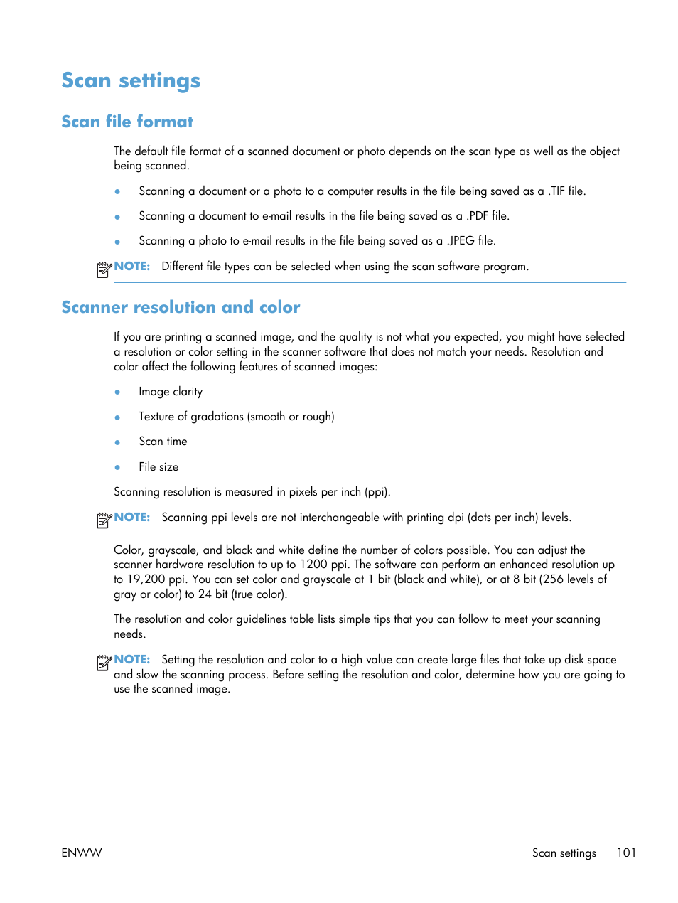 Scan settings, Scan file format, Scanner resolution and color | Scan file format scanner resolution and color | HP laserjet m1212nf User Manual | Page 115 / 284