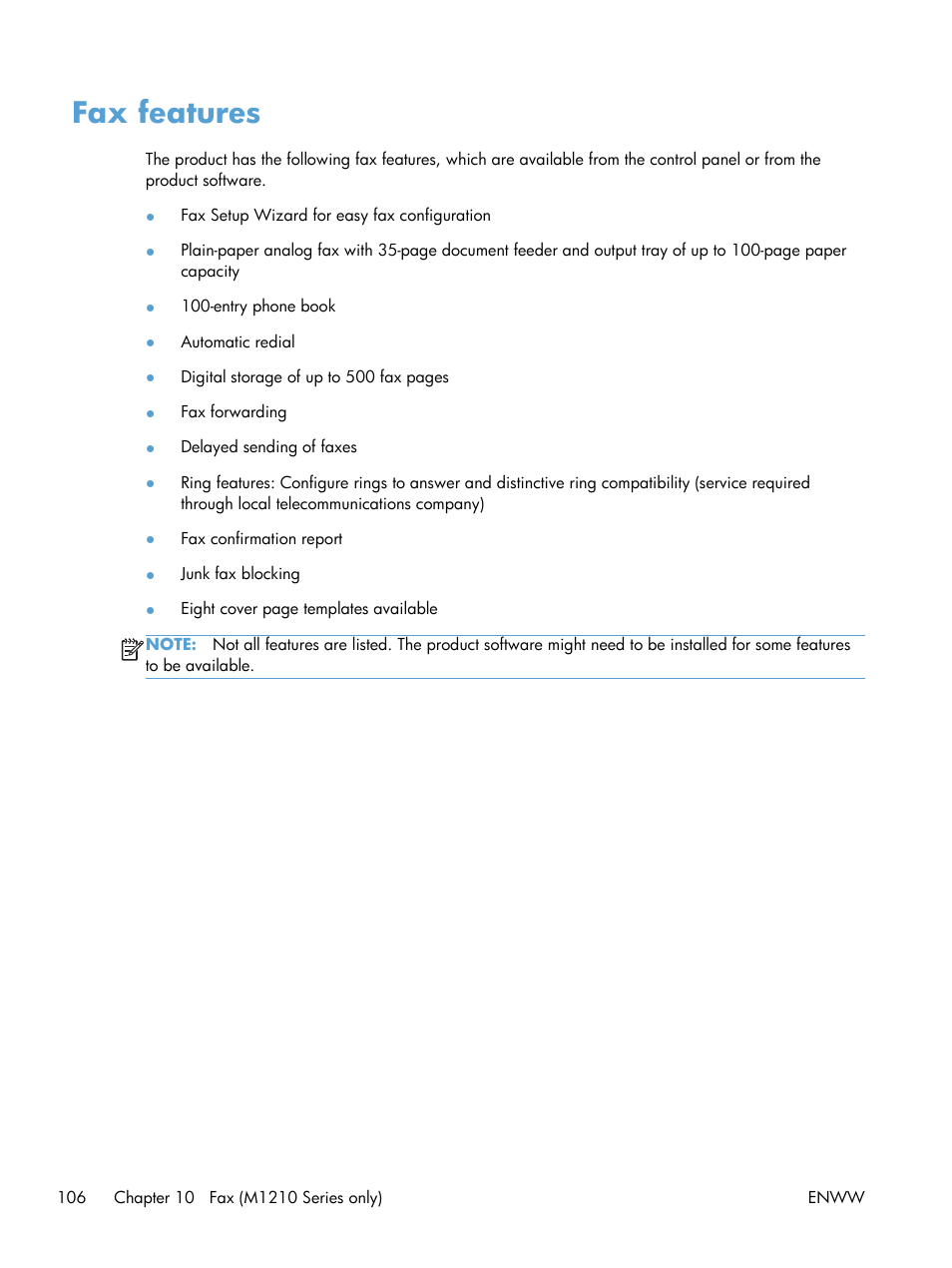 Fax features | HP laserjet m1212nf User Manual | Page 120 / 284