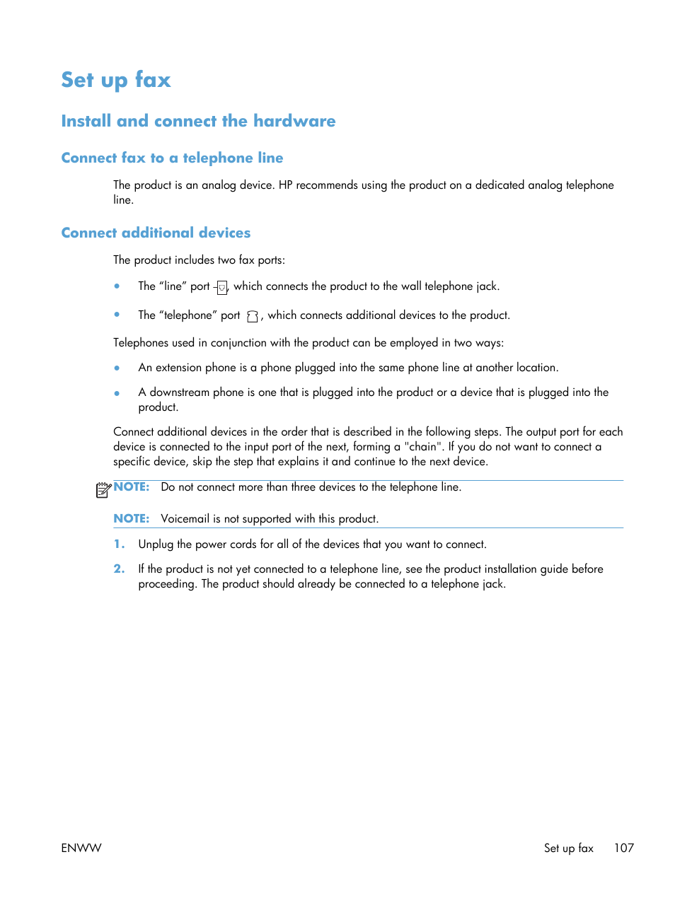 Set up fax, Install and connect the hardware, Connect fax to a telephone line | Connect additional devices | HP laserjet m1212nf User Manual | Page 121 / 284