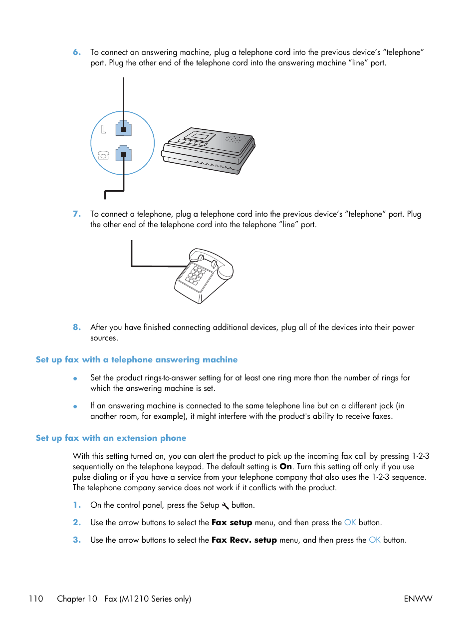 Set up fax with a telephone answering machine, Set up fax with an extension phone | HP laserjet m1212nf User Manual | Page 124 / 284
