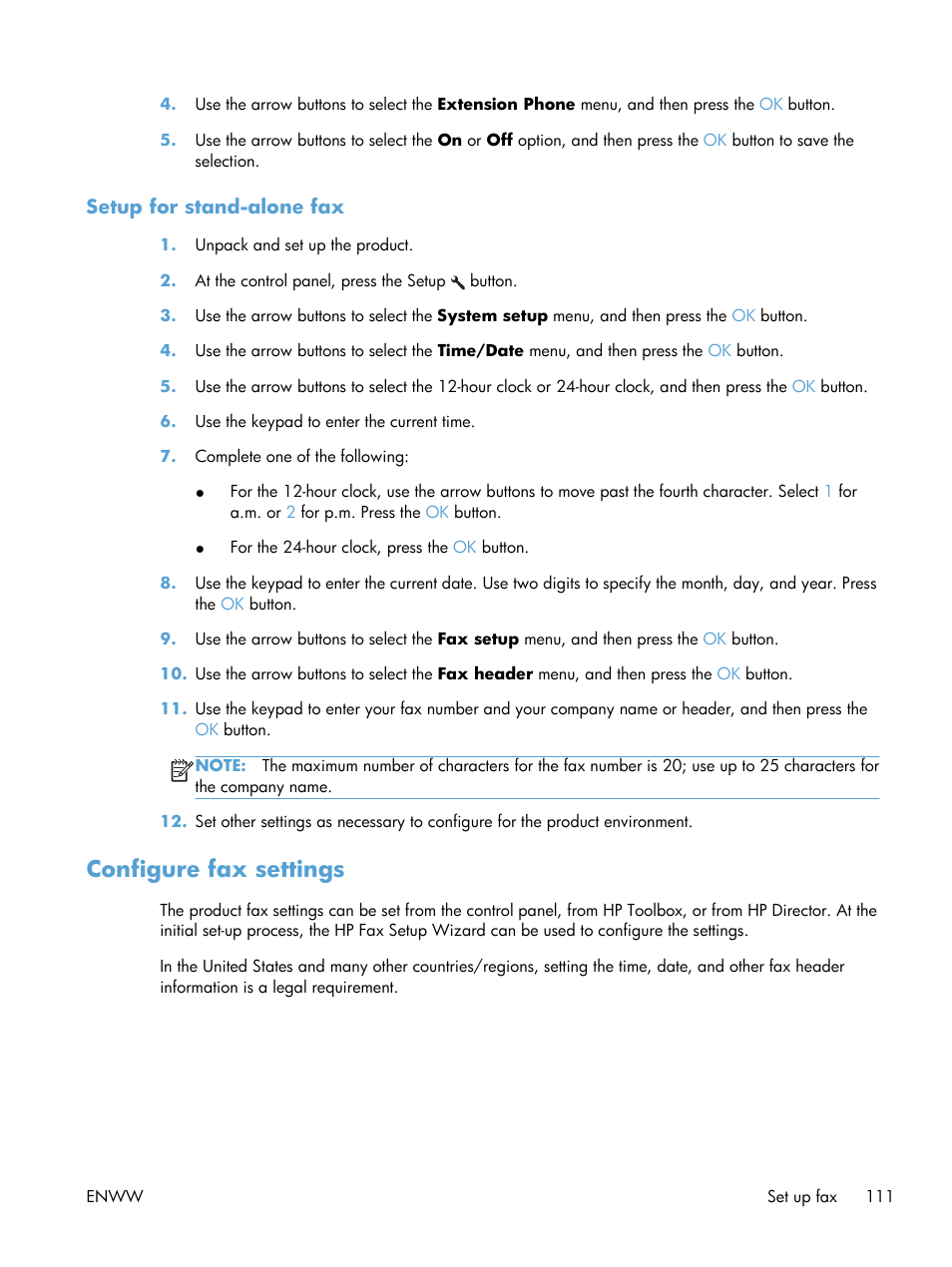 Setup for stand-alone fax, Configure fax settings | HP laserjet m1212nf User Manual | Page 125 / 284