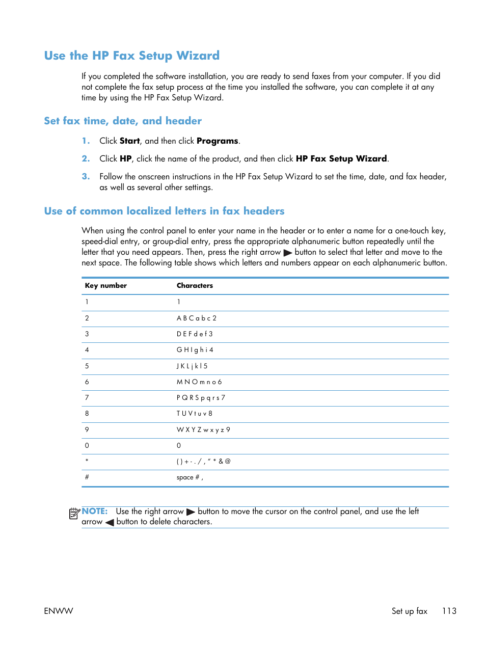 Use the hp fax setup wizard, Set fax time, date, and header, Use of common localized letters in fax headers | HP laserjet m1212nf User Manual | Page 127 / 284