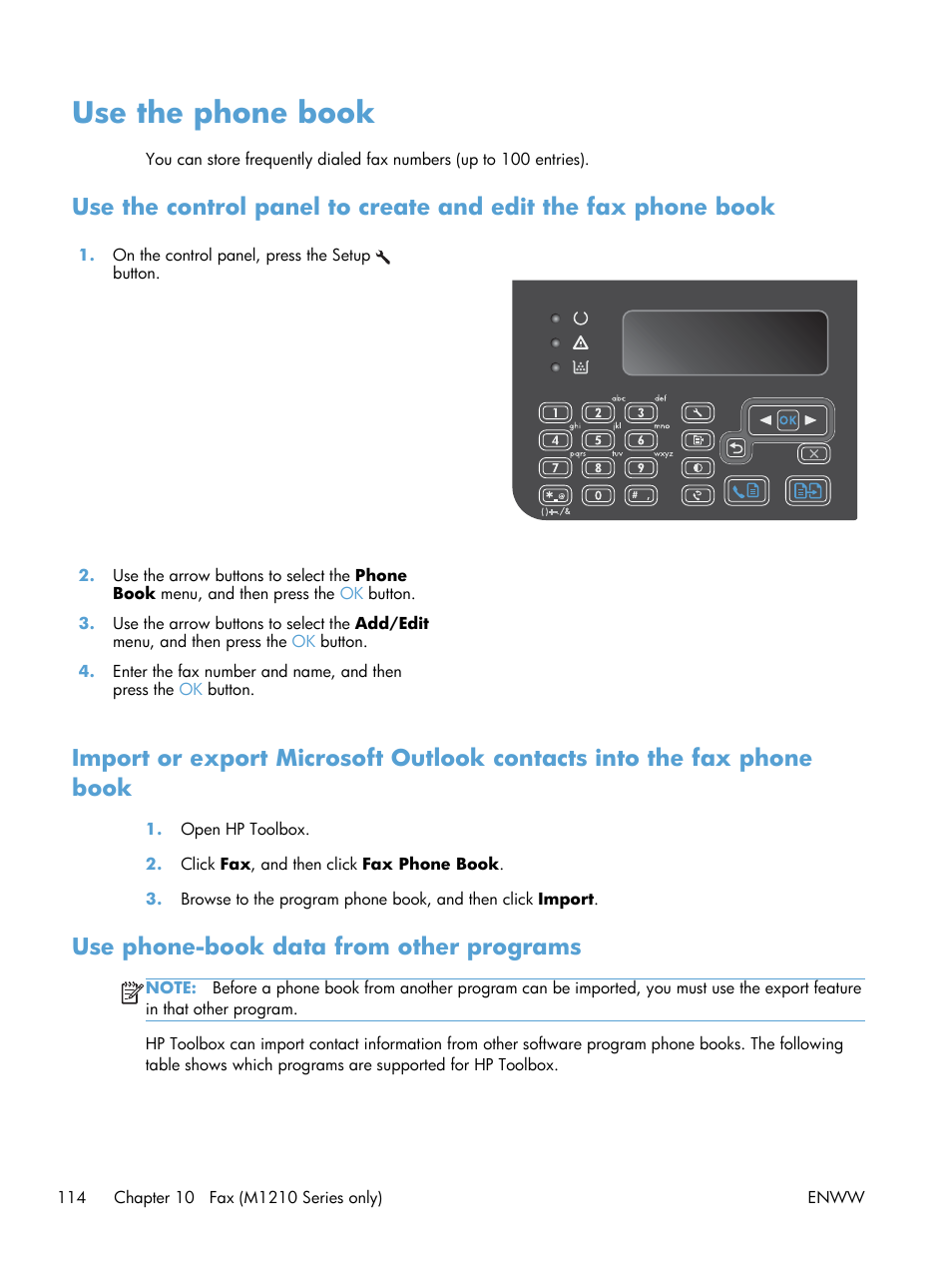 Use the phone book, Use phone-book data from other programs | HP laserjet m1212nf User Manual | Page 128 / 284