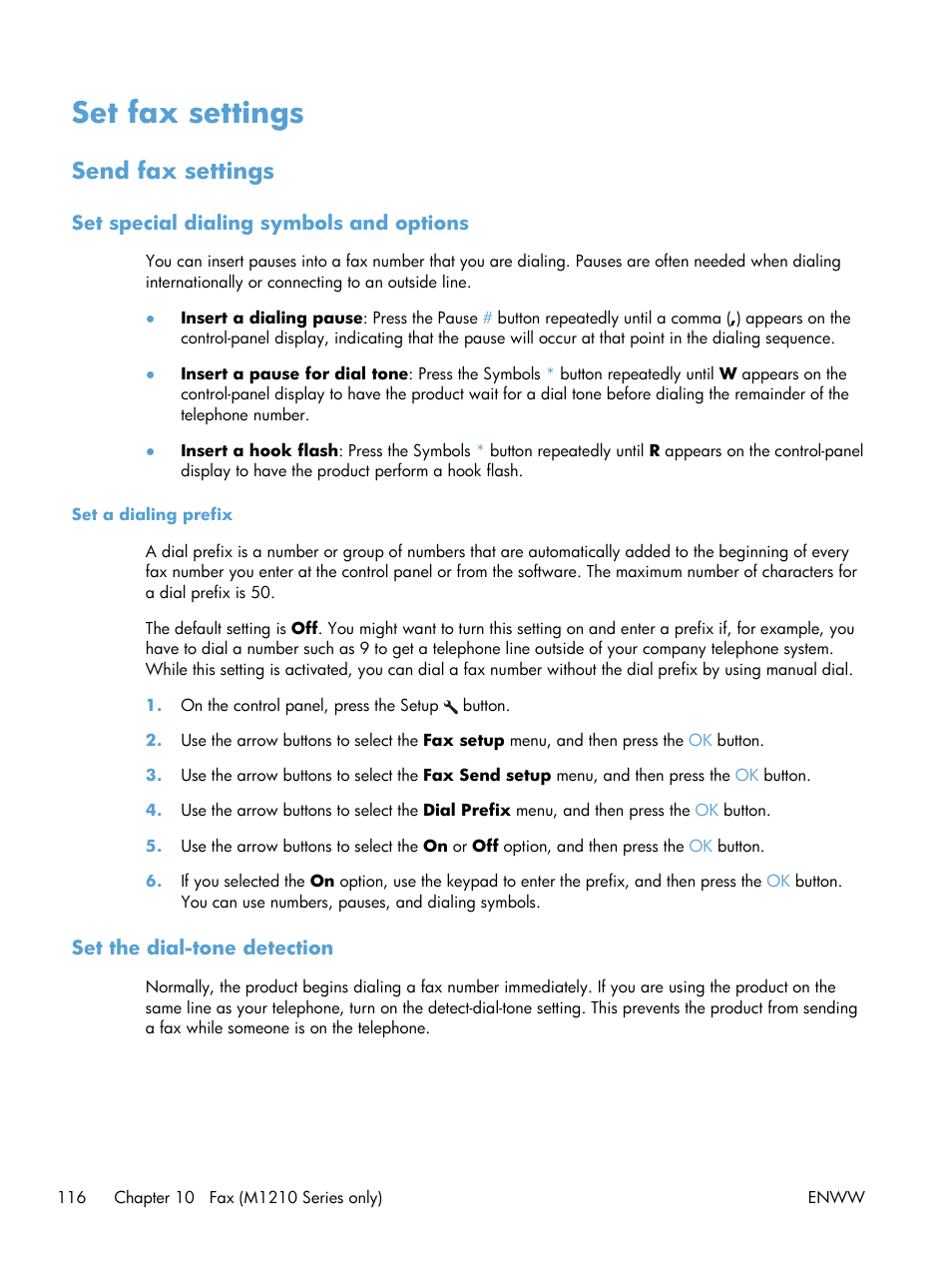 Set fax settings, Send fax settings, Set special dialing symbols and options | Set a dialing prefix, Set the dial-tone detection | HP laserjet m1212nf User Manual | Page 130 / 284