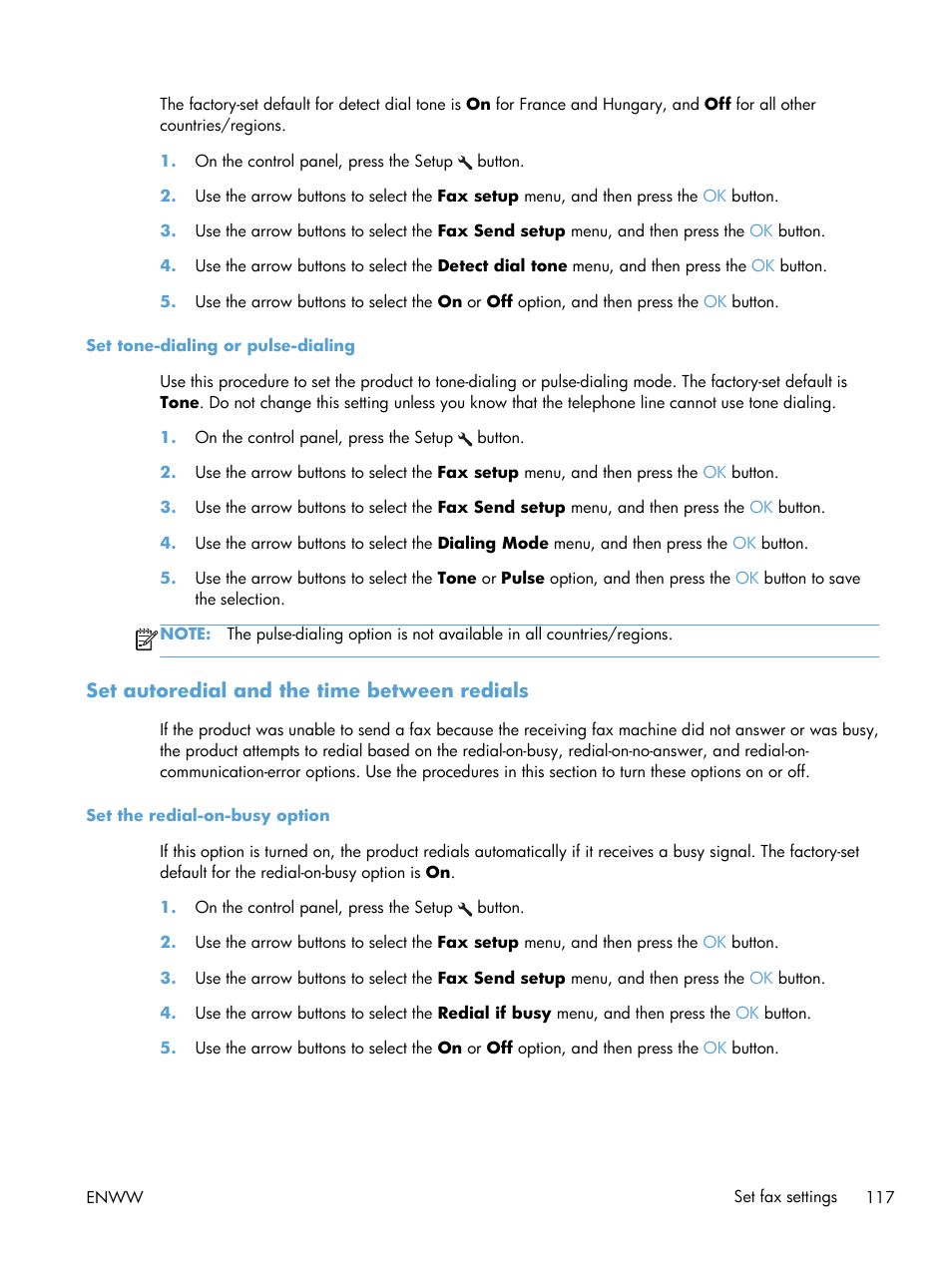 Set tone-dialing or pulse-dialing, Set autoredial and the time between redials | HP laserjet m1212nf User Manual | Page 131 / 284