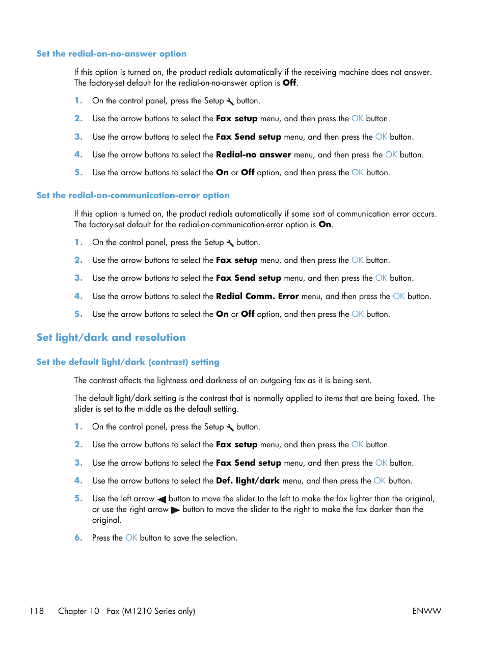 Set light/dark and resolution, Set the default light/dark (contrast) setting | HP laserjet m1212nf User Manual | Page 132 / 284