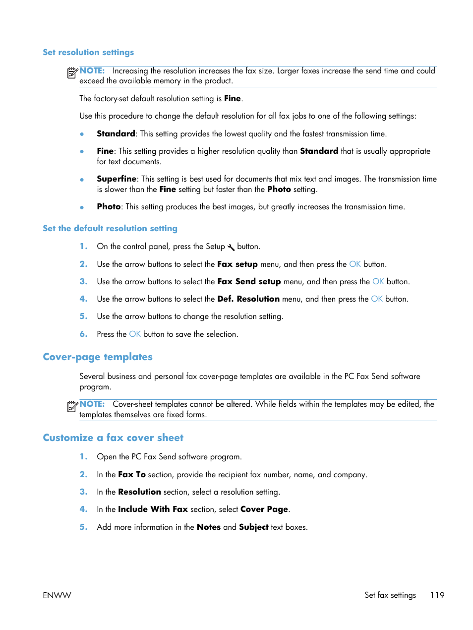 Set resolution settings, Customize a fax cover sheet | HP laserjet m1212nf User Manual | Page 133 / 284