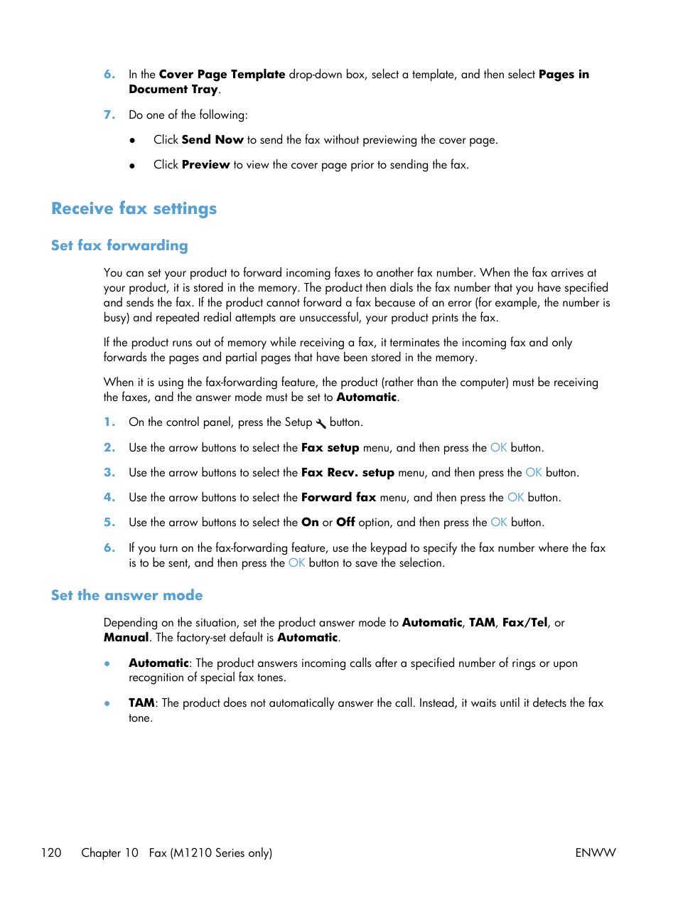 Receive fax settings, Set fax forwarding, Set the answer mode | HP laserjet m1212nf User Manual | Page 134 / 284