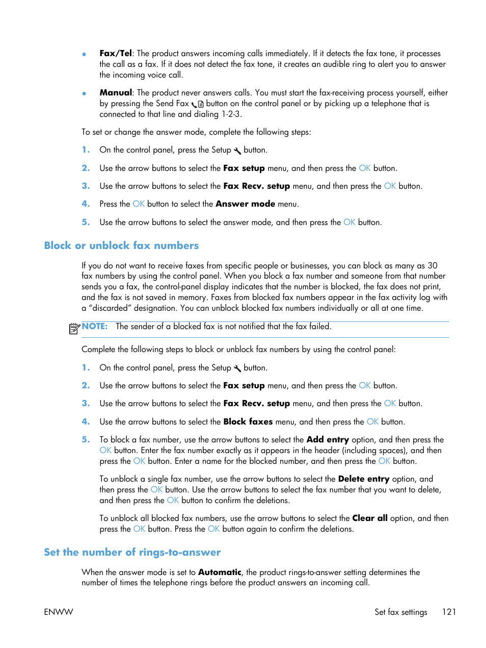 Block or unblock fax numbers, Set the number of rings-to-answer | HP laserjet m1212nf User Manual | Page 135 / 284