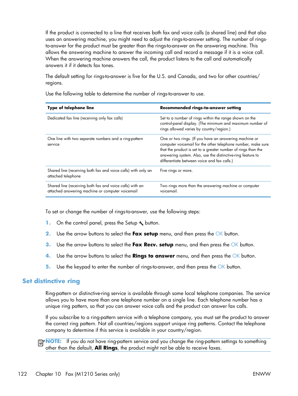 Set distinctive ring | HP laserjet m1212nf User Manual | Page 136 / 284