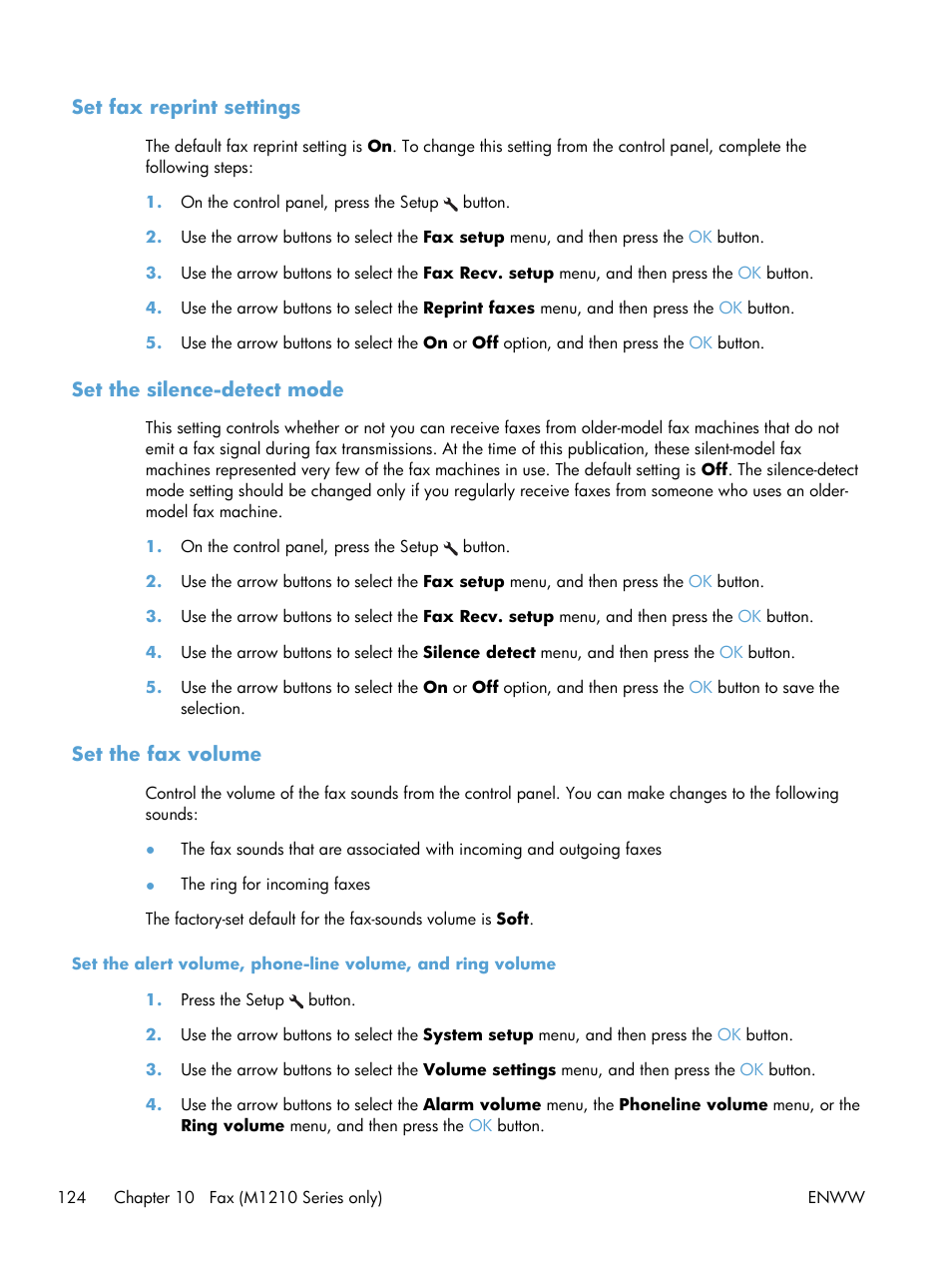 Set fax reprint settings, Set the silence-detect mode, Set the fax volume | HP laserjet m1212nf User Manual | Page 138 / 284