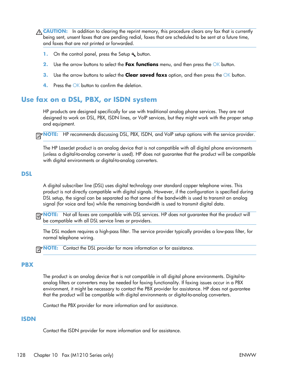 Use fax on a dsl, pbx, or isdn system, Isdn | HP laserjet m1212nf User Manual | Page 142 / 284
