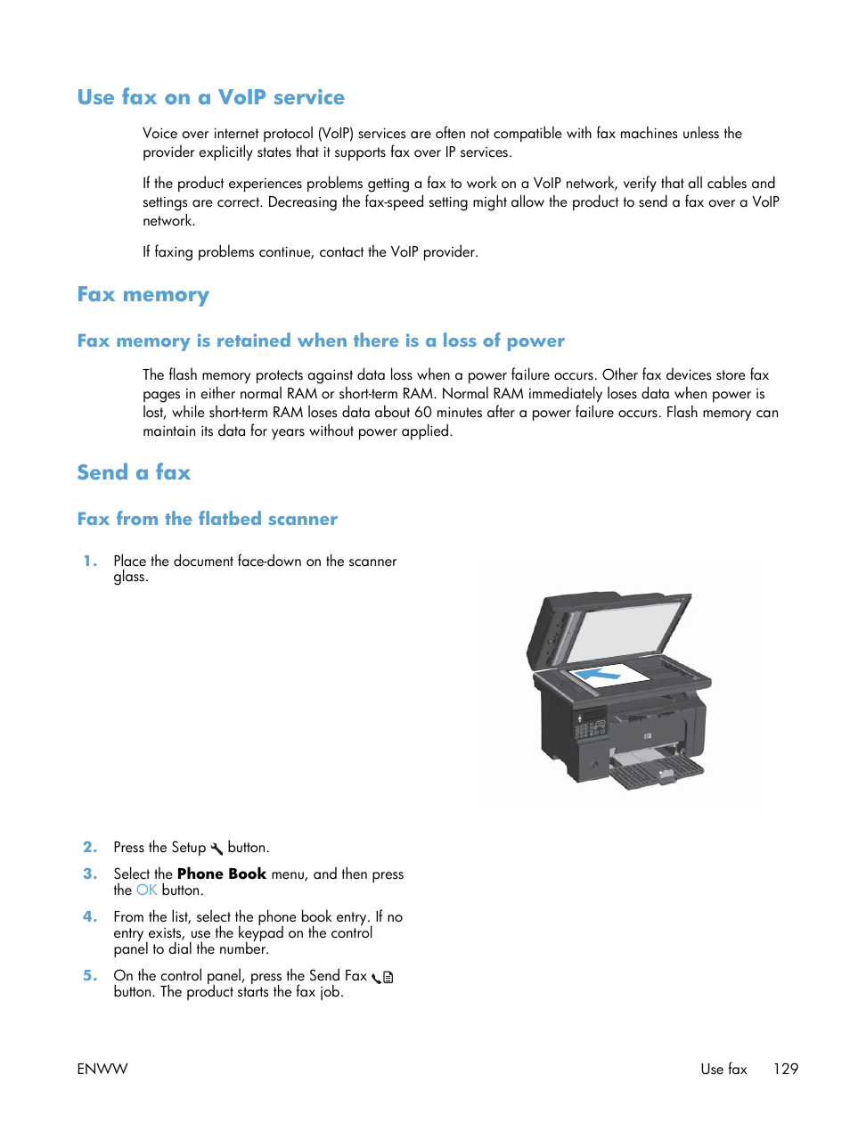 Use fax on a voip service, Fax memory, Send a fax | Fax from the flatbed scanner, Use fax on a voip service fax memory send a fax | HP laserjet m1212nf User Manual | Page 143 / 284