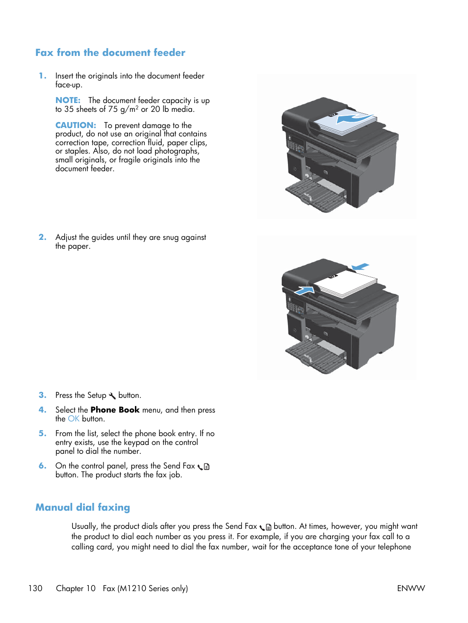 Fax from the document feeder, Manual dial faxing | HP laserjet m1212nf User Manual | Page 144 / 284