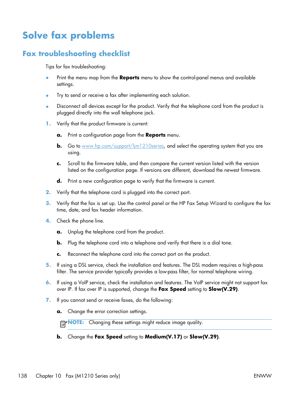 Solve fax problems, Fax troubleshooting checklist | HP laserjet m1212nf User Manual | Page 152 / 284