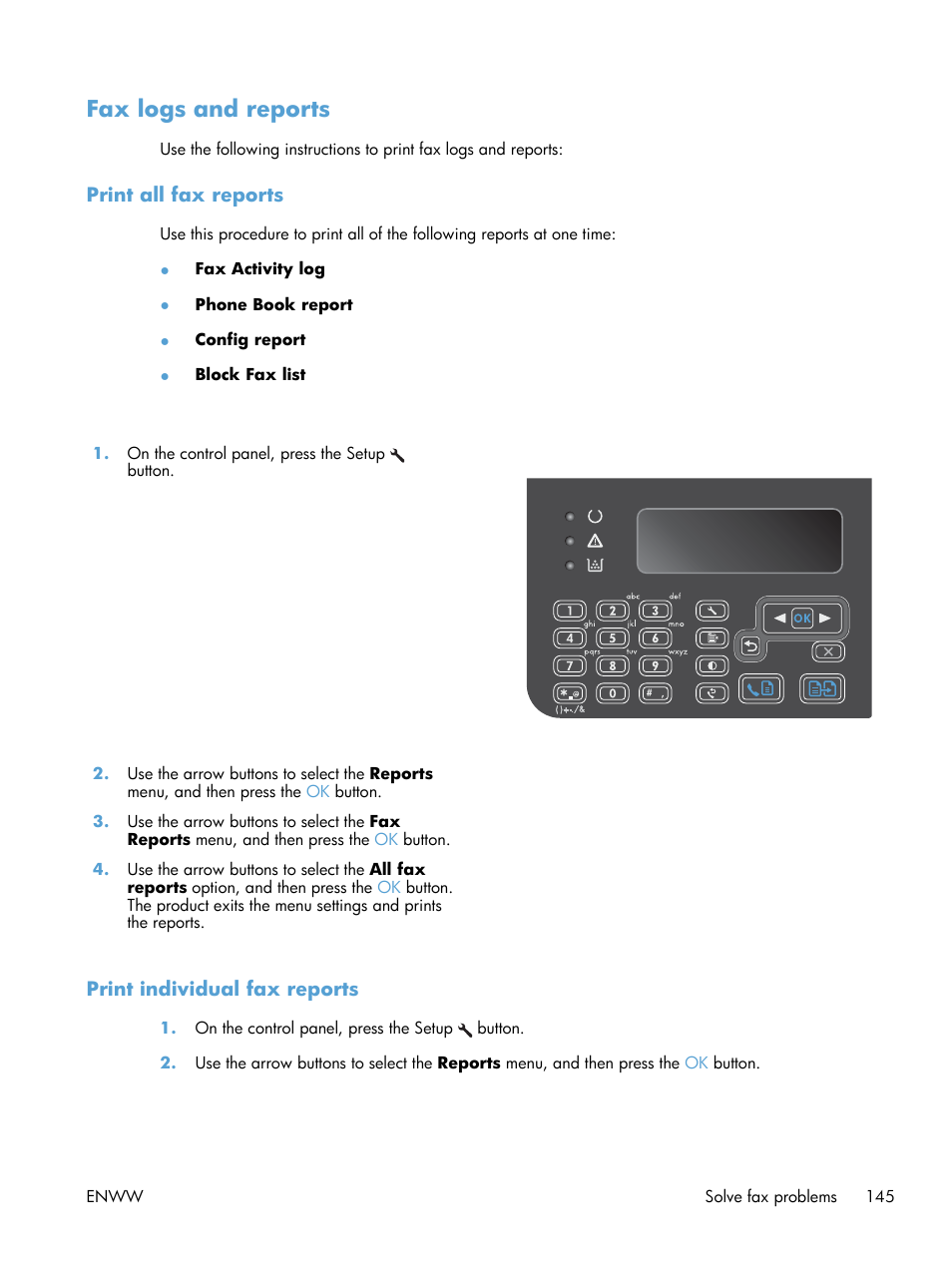 Fax logs and reports, Print all fax reports, Print individual fax reports | HP laserjet m1212nf User Manual | Page 159 / 284