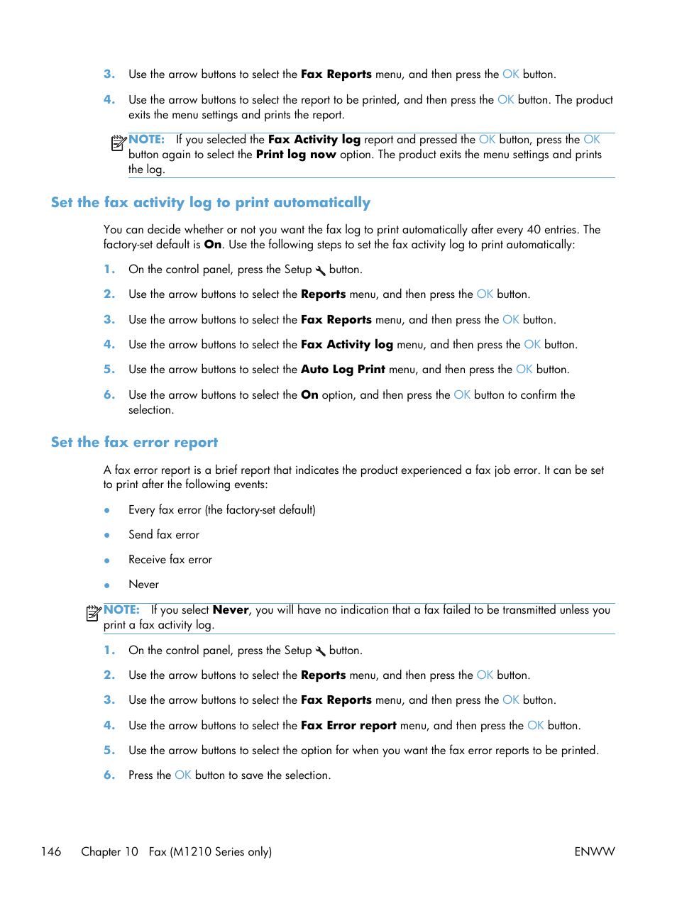 Set the fax activity log to print automatically, Set the fax error report | HP laserjet m1212nf User Manual | Page 160 / 284
