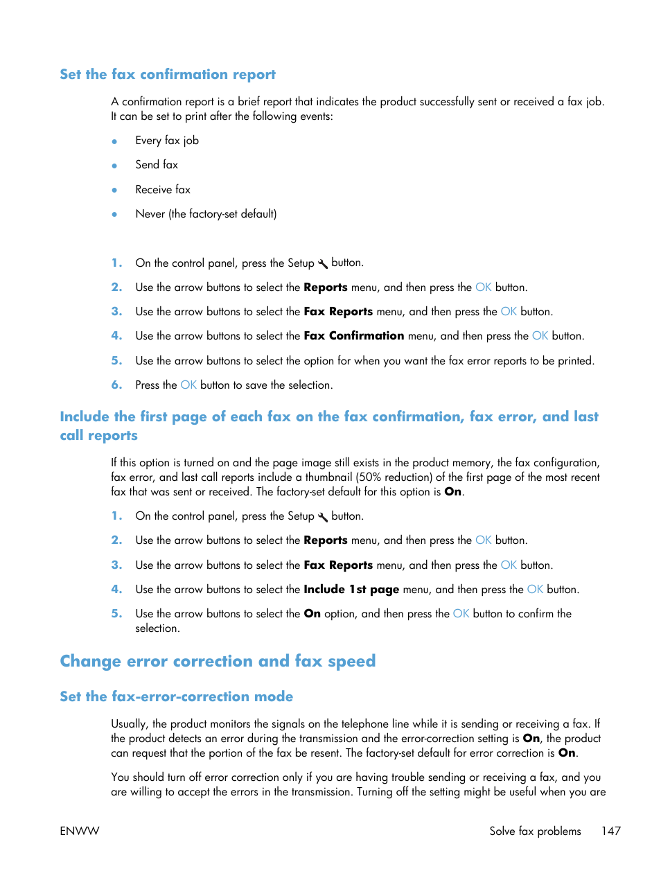 Set the fax confirmation report, Change error correction and fax speed, Set the fax-error-correction mode | HP laserjet m1212nf User Manual | Page 161 / 284
