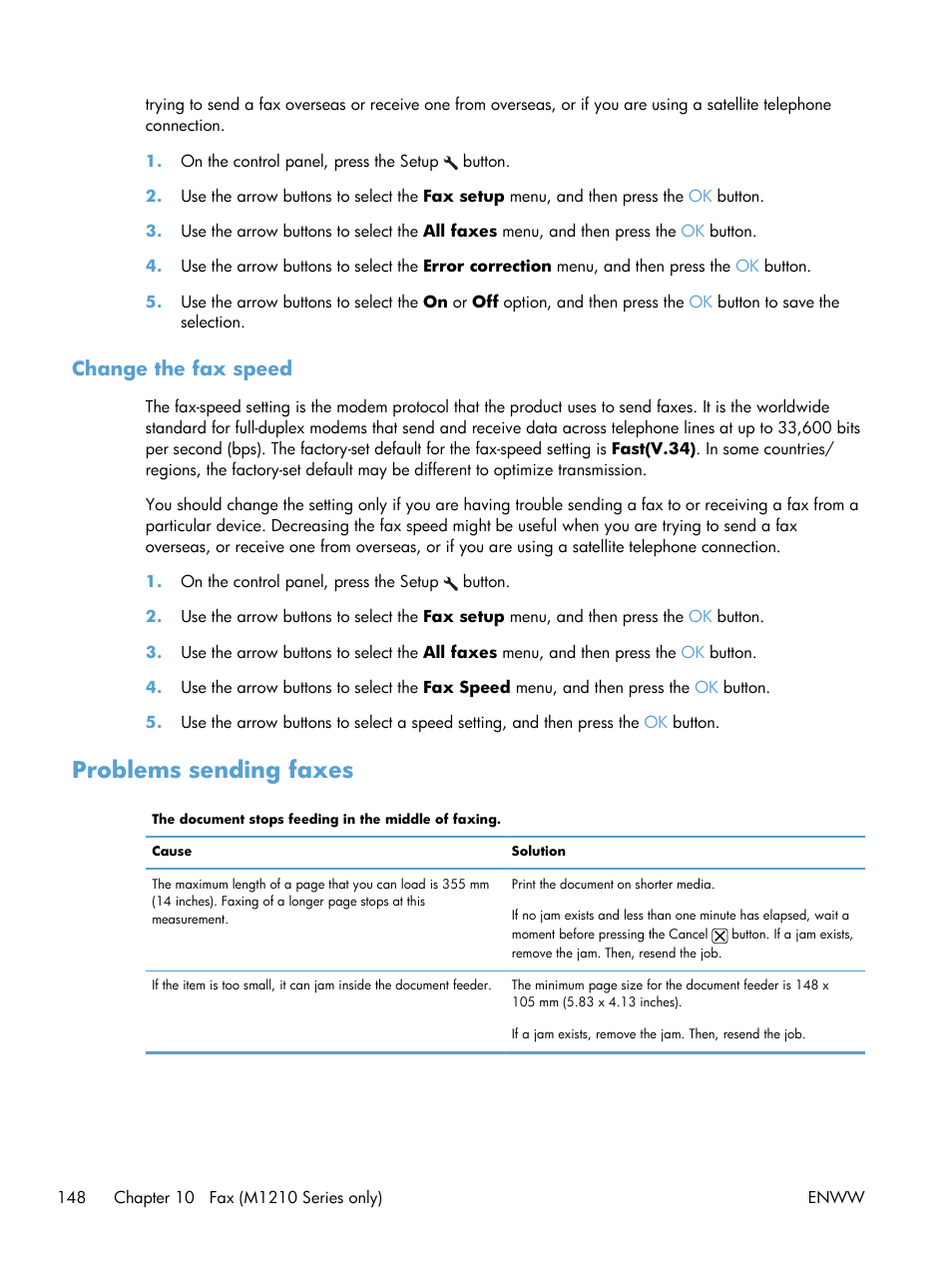 Change the fax speed, Problems sending faxes | HP laserjet m1212nf User Manual | Page 162 / 284