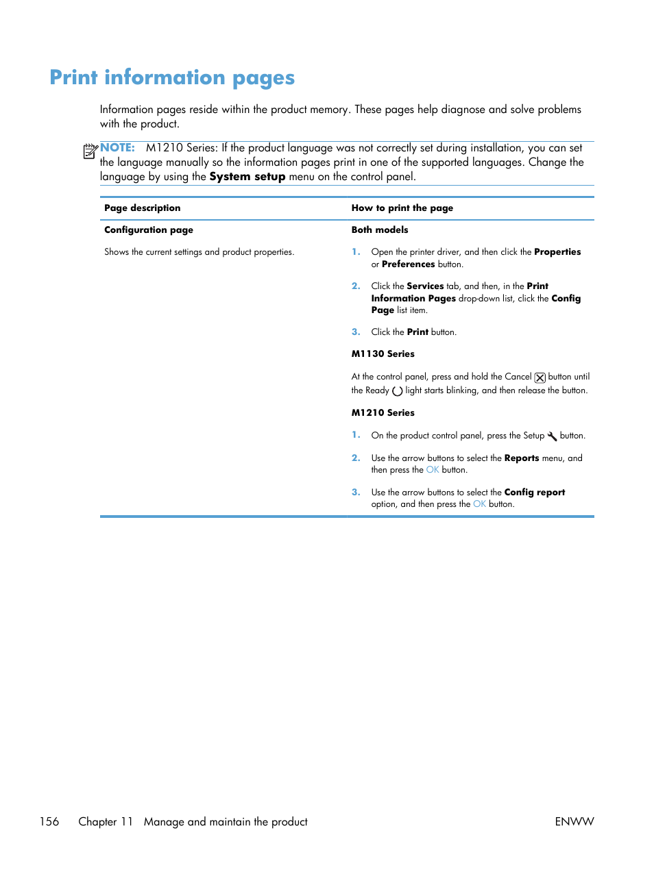 Print information pages | HP laserjet m1212nf User Manual | Page 170 / 284