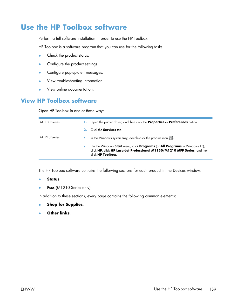 Use the hp toolbox software, View hp toolbox software | HP laserjet m1212nf User Manual | Page 173 / 284