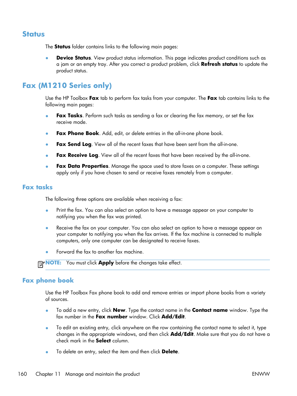 Status, Fax (m1210 series only), Fax tasks | Fax phone book, Status fax (m1210 series only) | HP laserjet m1212nf User Manual | Page 174 / 284