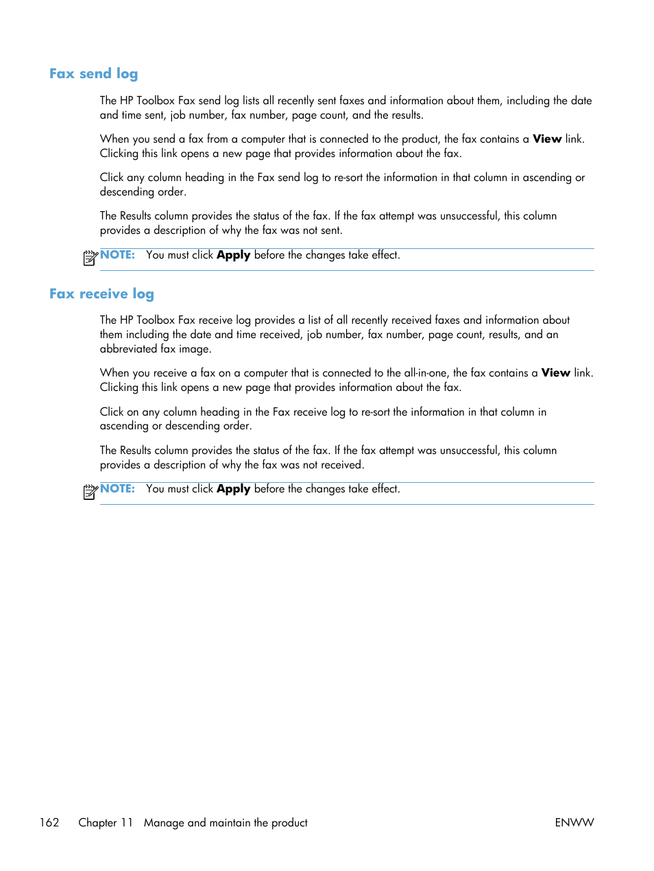 Fax send log, Fax receive log | HP laserjet m1212nf User Manual | Page 176 / 284