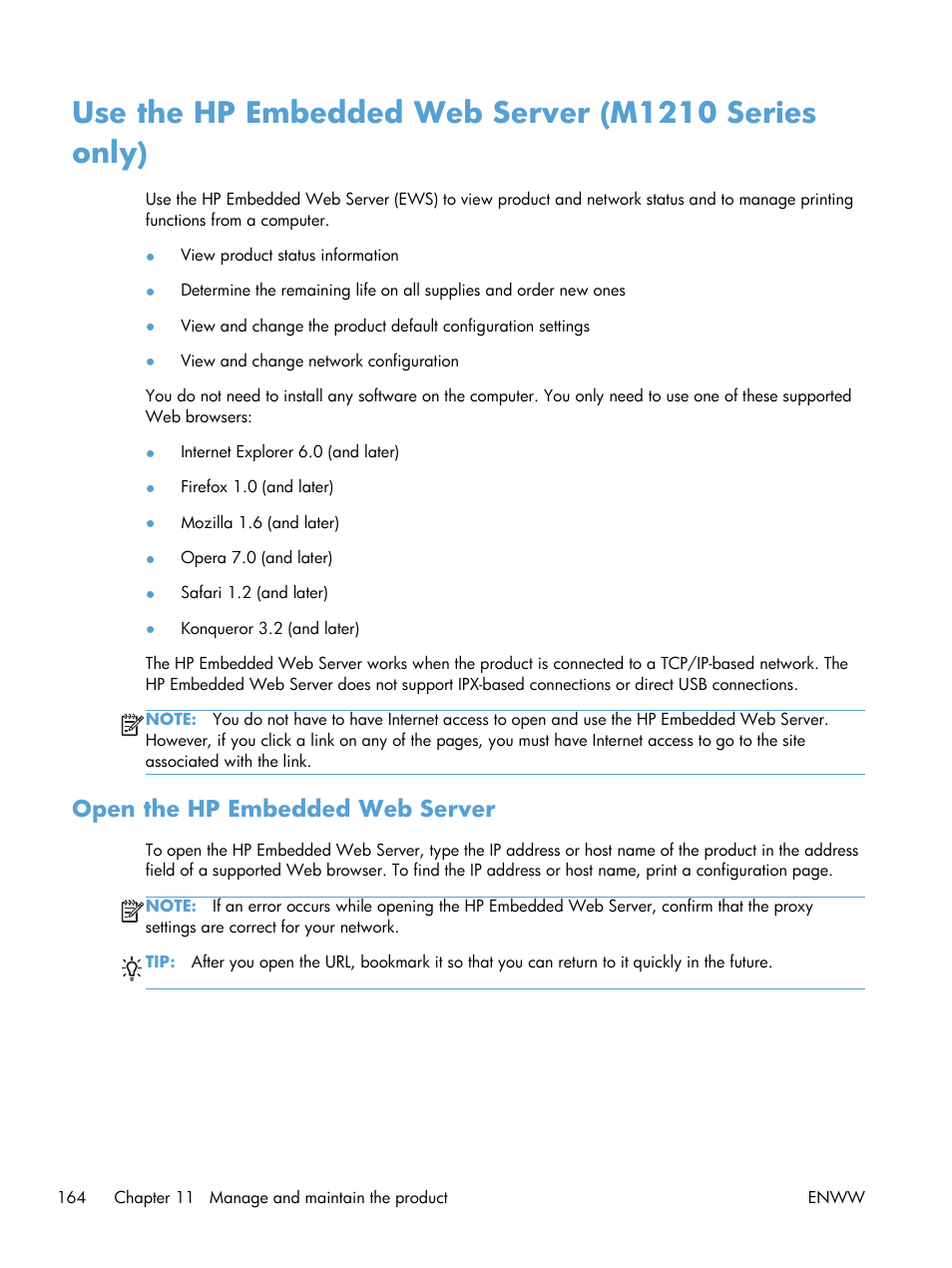 Use the hp embedded web server (m1210 series only), Open the hp embedded web server | HP laserjet m1212nf User Manual | Page 178 / 284