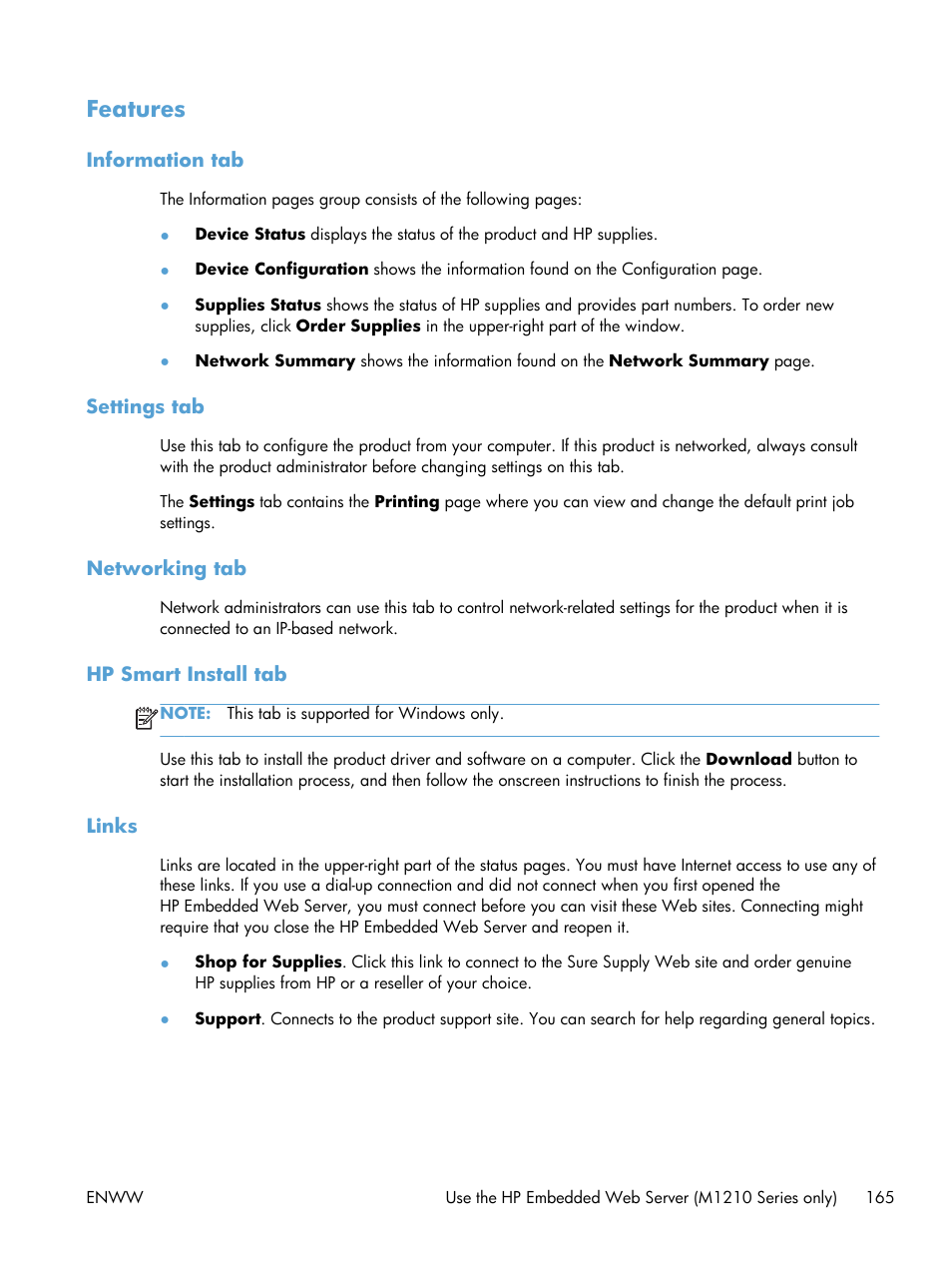 Features, Information tab, Settings tab | Networking tab, Hp smart install tab, Links | HP laserjet m1212nf User Manual | Page 179 / 284