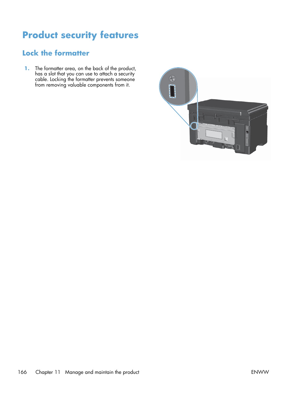 Product security features, Lock the formatter | HP laserjet m1212nf User Manual | Page 180 / 284