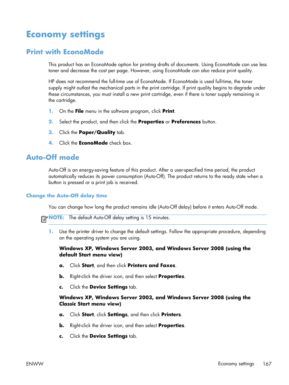 Economy settings, Print with economode, Auto-off mode | Print with economode auto-off mode | HP laserjet m1212nf User Manual | Page 181 / 284