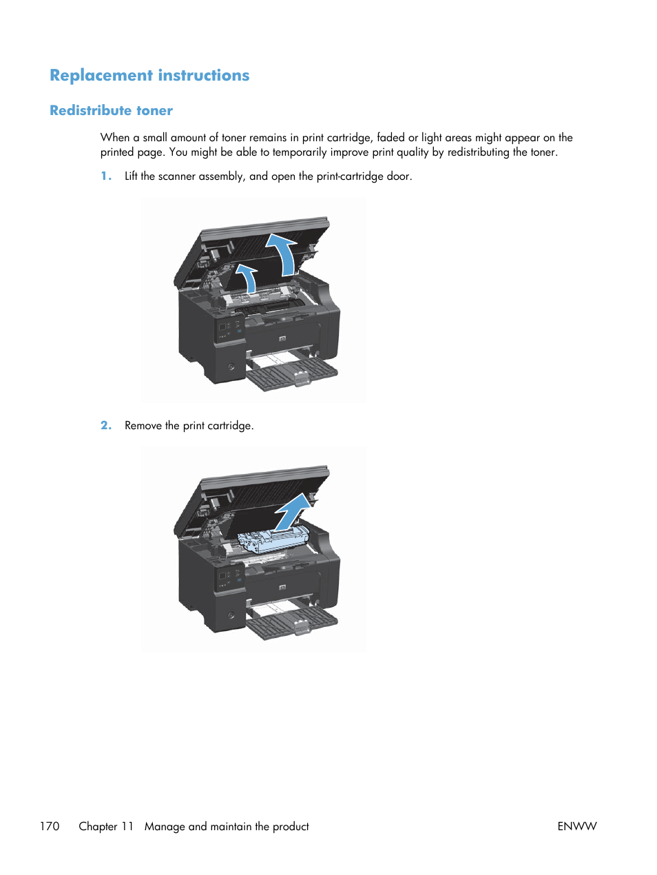 Replacement instructions, Redistribute toner | HP laserjet m1212nf User Manual | Page 184 / 284
