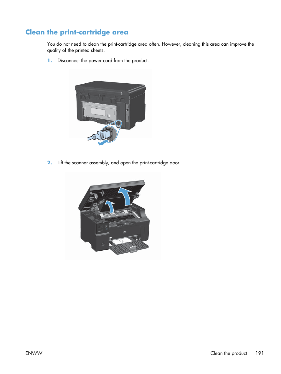 Clean the print-cartridge area | HP laserjet m1212nf User Manual | Page 205 / 284