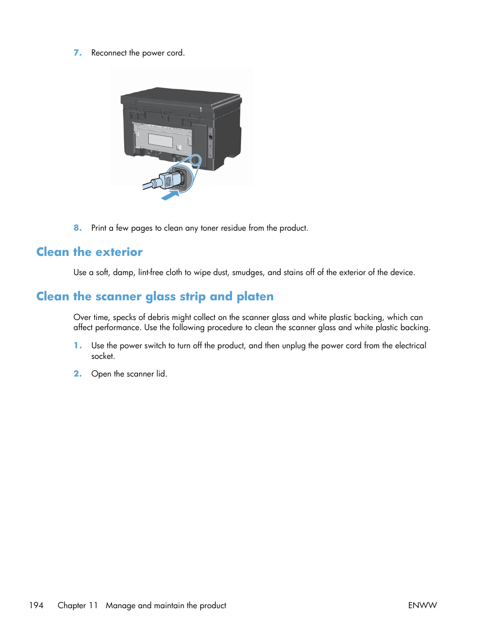 Clean the exterior, Clean the scanner glass strip and platen | HP laserjet m1212nf User Manual | Page 208 / 284