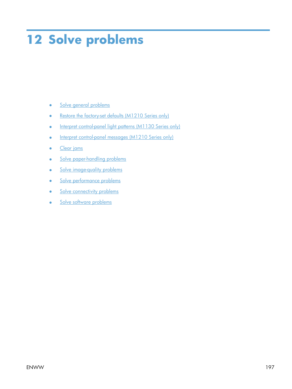 Solve problems, 12 solve problems | HP laserjet m1212nf User Manual | Page 211 / 284