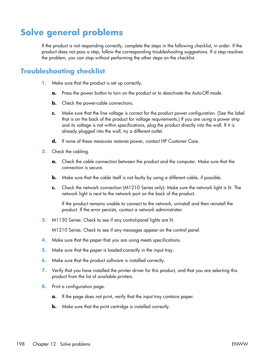 Solve general problems, Troubleshooting checklist | HP laserjet m1212nf User Manual | Page 212 / 284