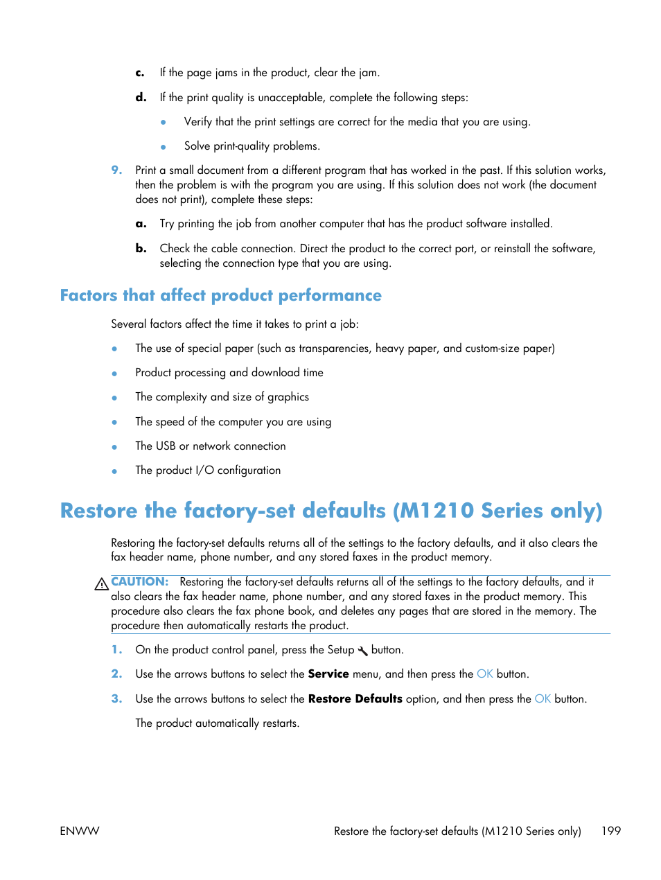 Factors that affect product performance | HP laserjet m1212nf User Manual | Page 213 / 284