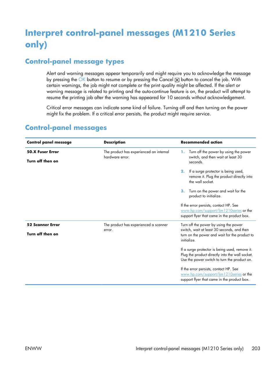 Control-panel message types, Control-panel messages, Control-panel message types control-panel messages | HP laserjet m1212nf User Manual | Page 217 / 284