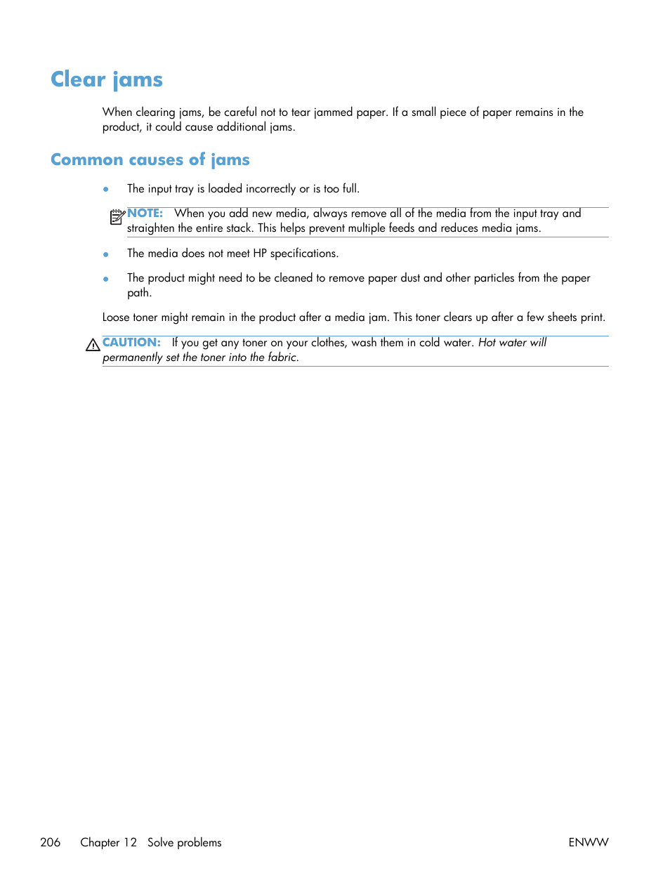 Clear jams, Common causes of jams | HP laserjet m1212nf User Manual | Page 220 / 284