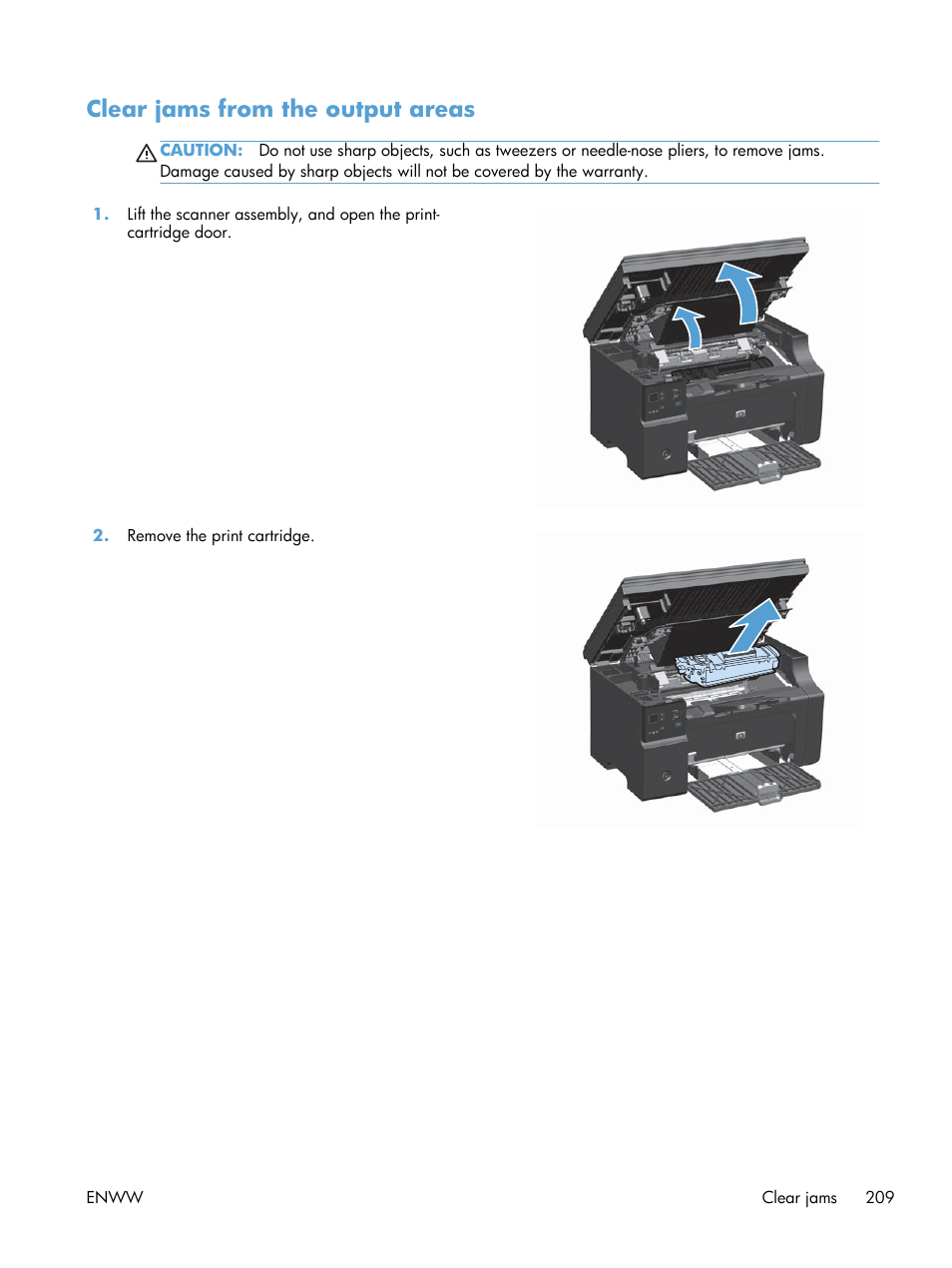 Clear jams from the output areas | HP laserjet m1212nf User Manual | Page 223 / 284