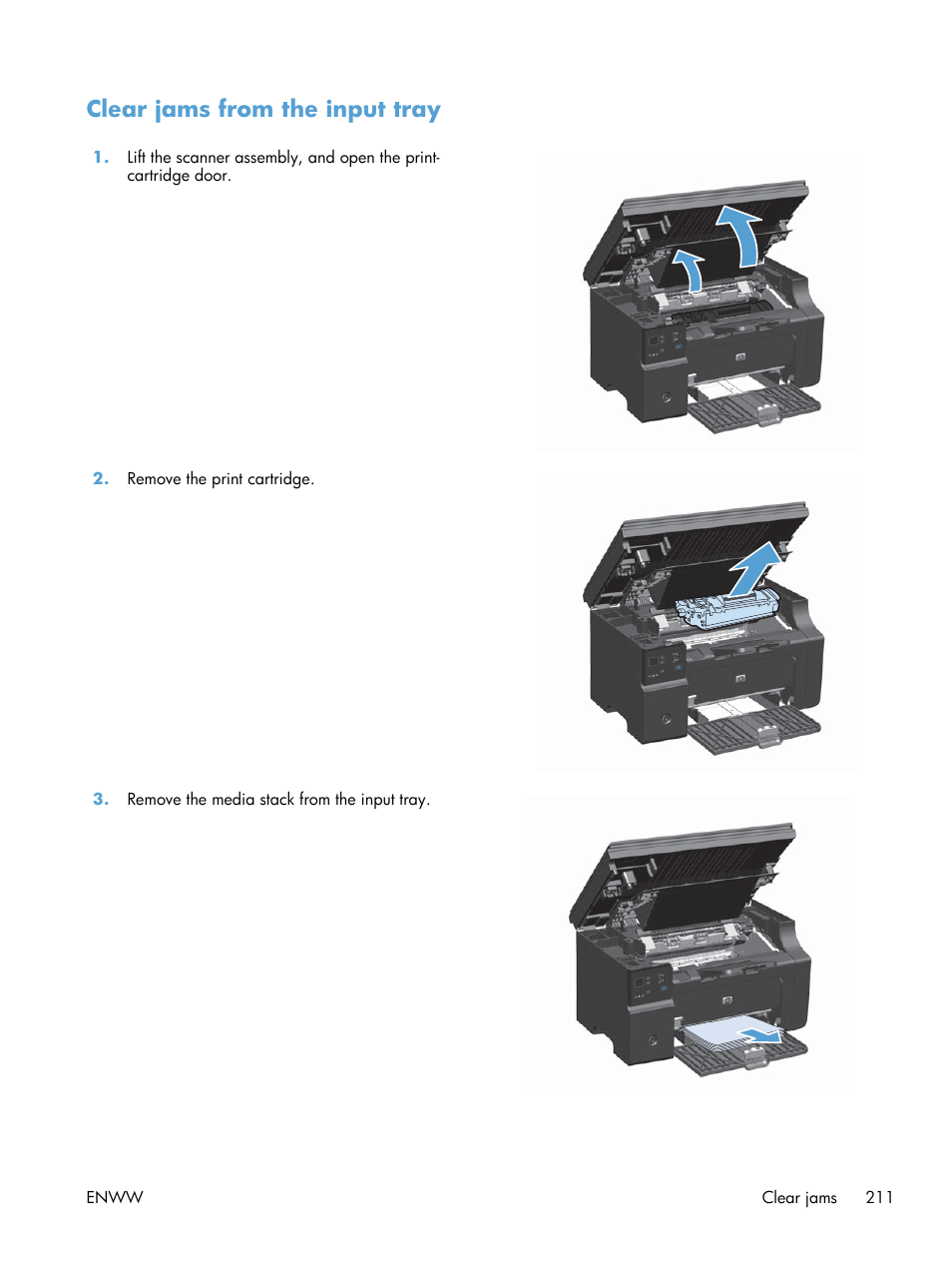 Clear jams from the input tray | HP laserjet m1212nf User Manual | Page 225 / 284