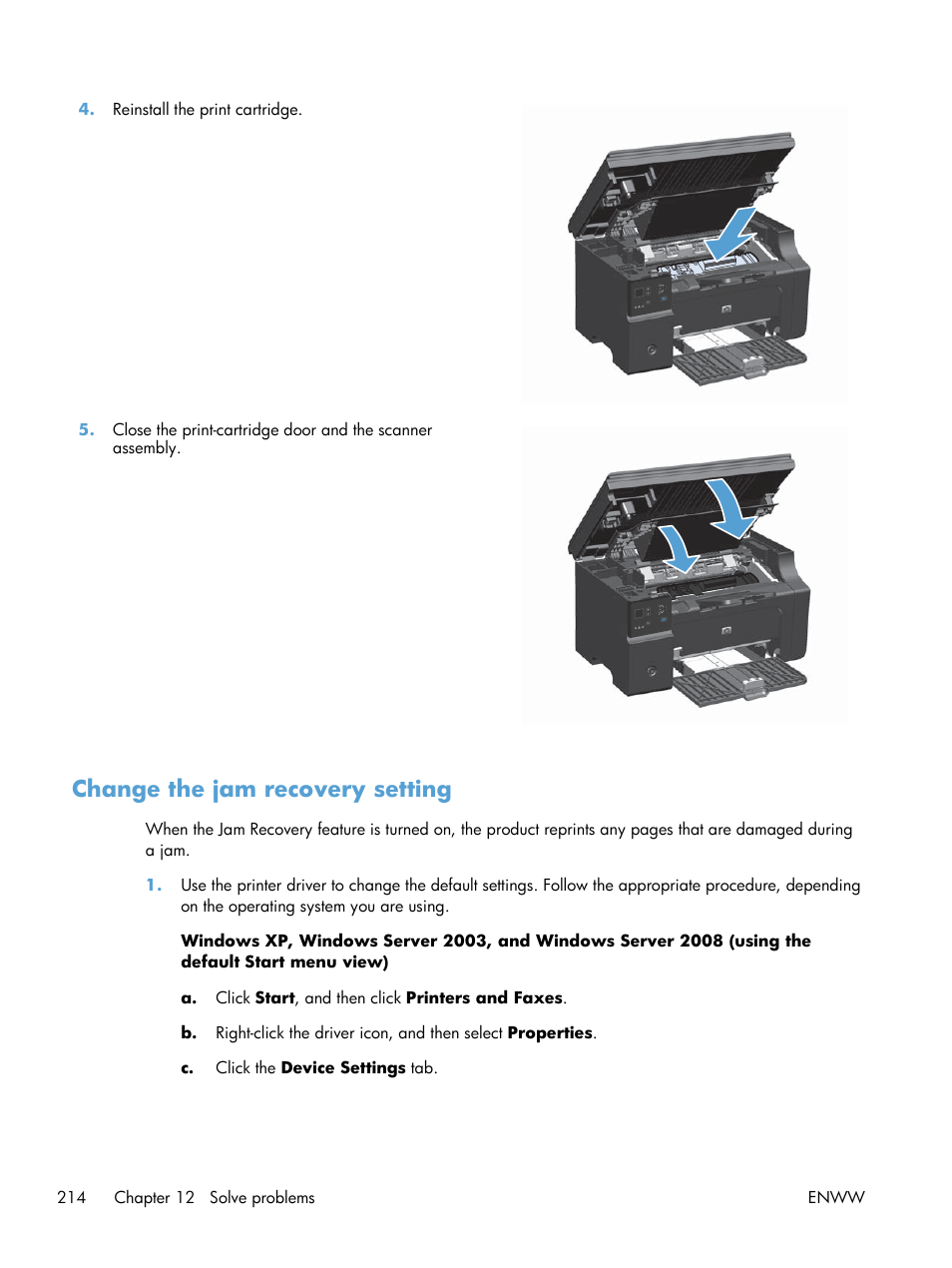 Change the jam recovery setting | HP laserjet m1212nf User Manual | Page 228 / 284