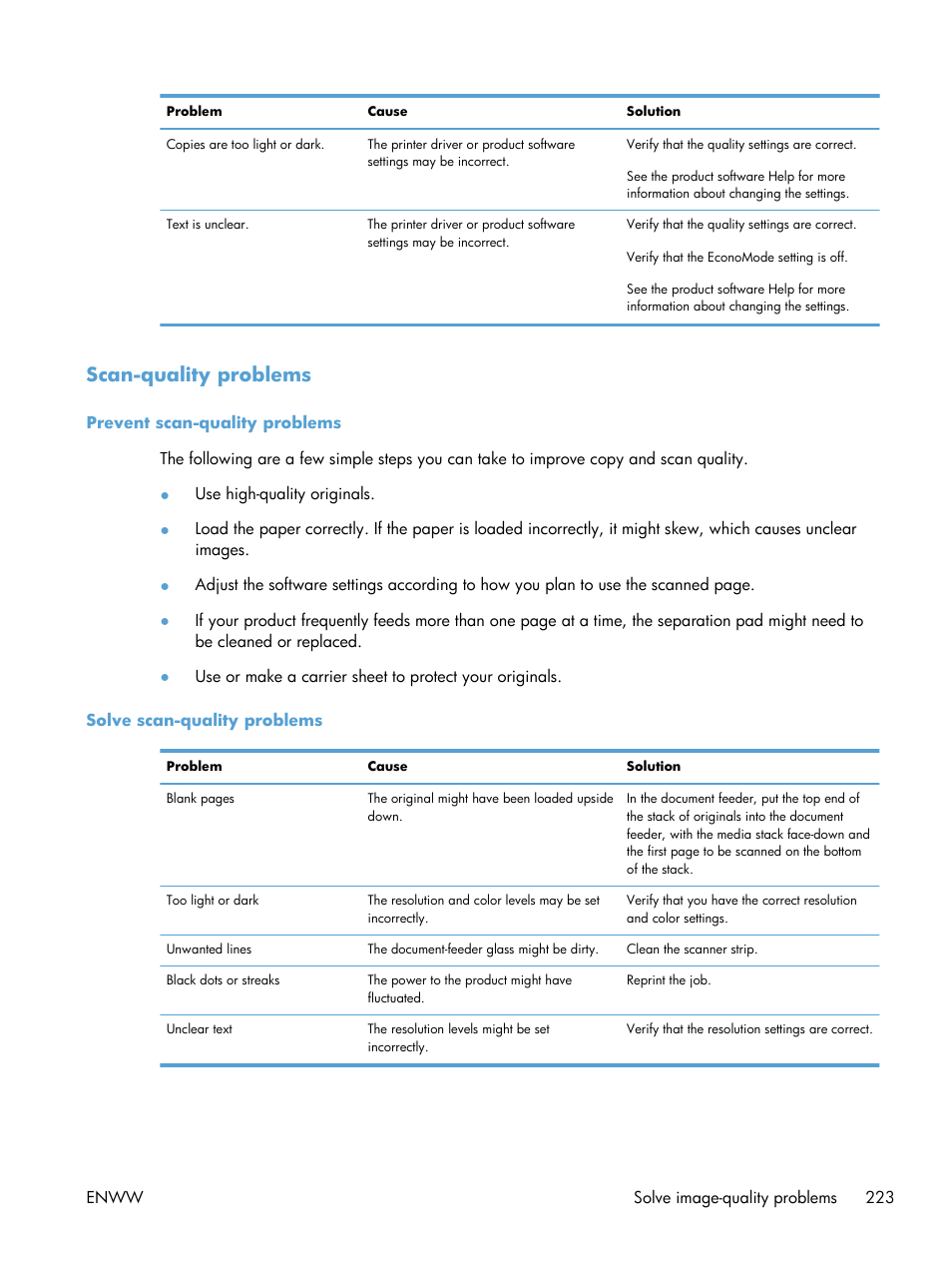 Scan-quality problems, Prevent scan-quality problems, Solve scan-quality problems | HP laserjet m1212nf User Manual | Page 237 / 284