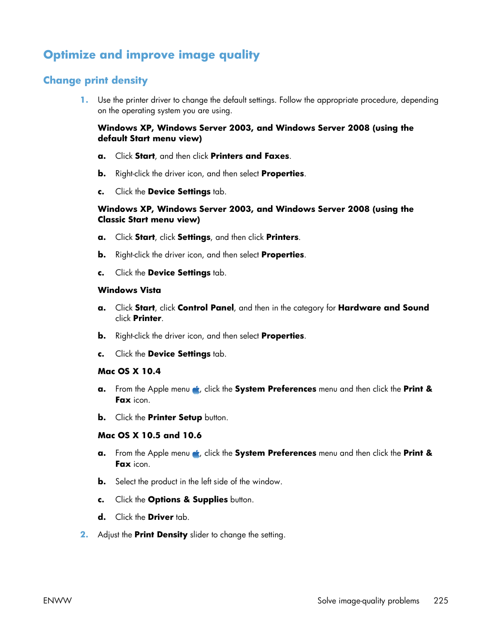 Optimize and improve image quality, Change print density | HP laserjet m1212nf User Manual | Page 239 / 284